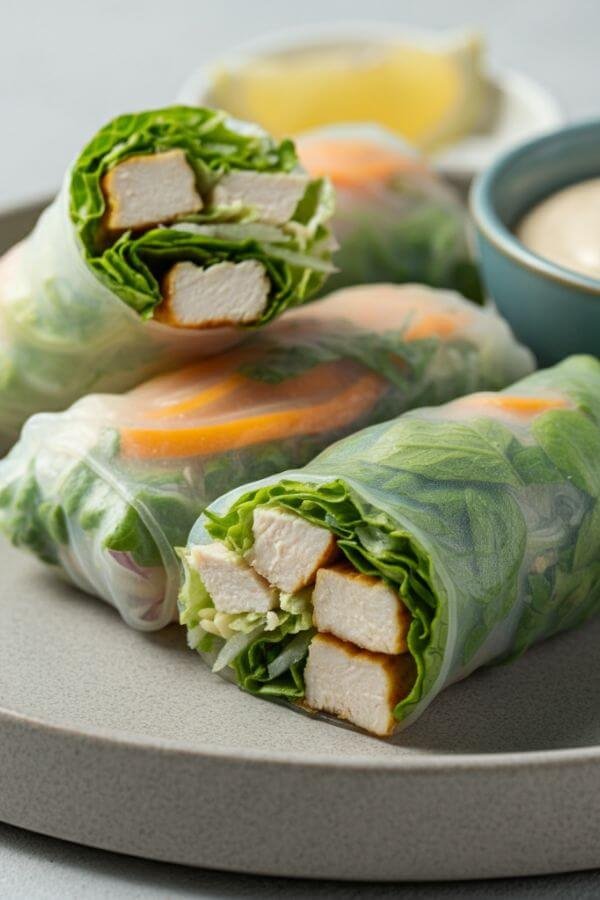 A fresh, colorful plate of spring rolls with translucent wrappers showing layers of chicken, lettuce, and Parmesan inside. A small bowl of Caesar dressing sits on the side for dipping. Bright natural lighting and a clean, modern presentation.