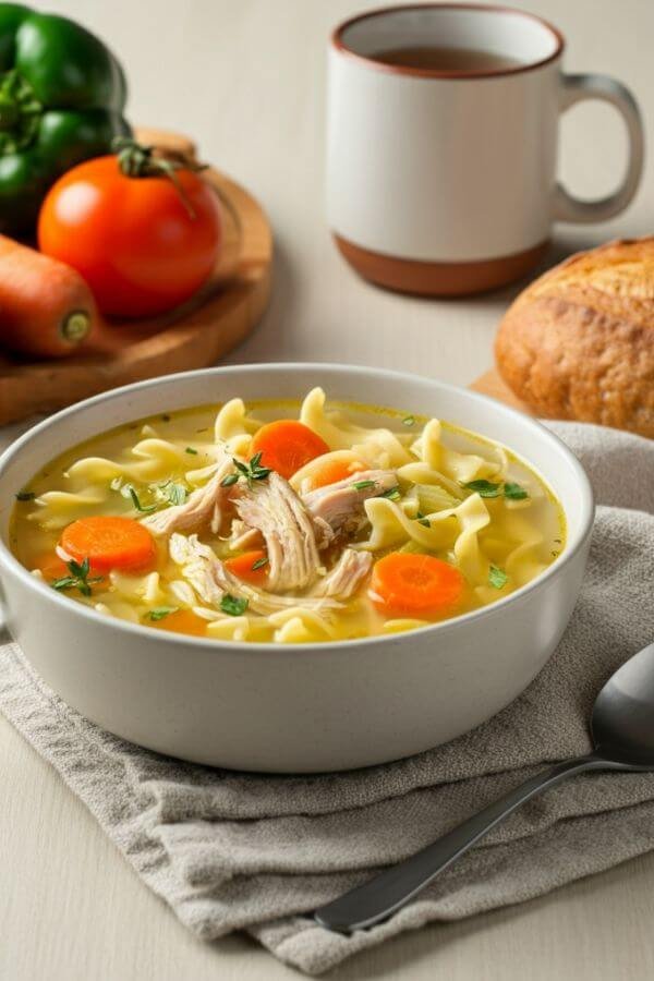 A cozy bowl of homemade chicken noodle soup placed on a light wooden table. The soup is filled with golden broth, shredded rotisserie chicken, tender egg noodles, and vibrant chunks of carrots, celery, and onion. Fresh parsley or thyme is sprinkled on top for garnish. Surrounding the bowl are fresh vegetables, a loaf of crusty bread, and a steaming mug of tea, evoking a warm, comforting atmosphere. Soft natural light highlights the hearty textures and warm tones of the dish.