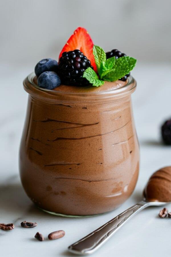 A creamy, dark chocolate mousse elegantly swirled in a glass jar, topped with fresh berries and a sprig of mint. The background features a minimal, marble kitchen countertop with a spoon resting nearby and a few cocoa nibs scattered for a refined touch.