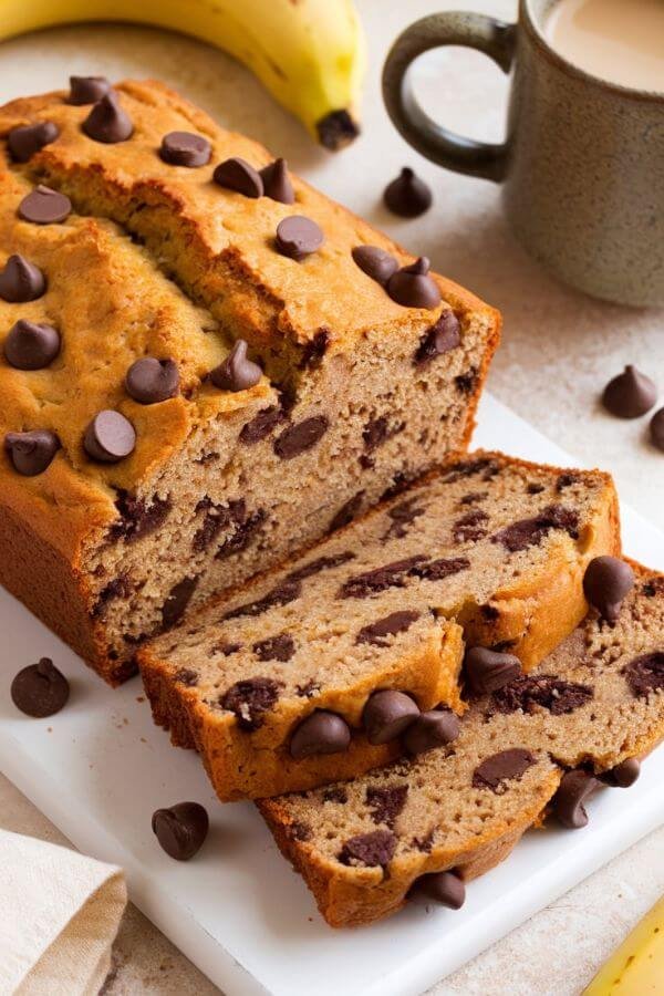 A golden loaf of banana bread on a white cutting board, sliced to show the soft, moist interior studded with chocolate chips. Surround it with ripe bananas, scattered chocolate chips, and a cozy mug of coffee for a warm, inviting vibe.