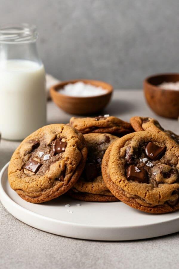 A cozy close-up of freshly baked chocolate chip cookies on a white dish. The cookies are golden brown with melted chocolate chips glistening on top. A light sprinkle of sea salt is visible, adding a gourmet touch. Surrounding the cookies is a glass of milk, a small bowl of chocolate chips, and a pinch bowl of sea salt. The background features soft, warm lighting for a comforting and inviting feel.