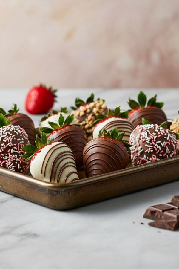 A tray of glossy, chocolate-dipped strawberries with a mix of toppings such as sprinkles, crushed nuts, and white chocolate drizzle. The tray is placed on a marble countertop with scattered fresh strawberries and chunks of chocolate nearby.