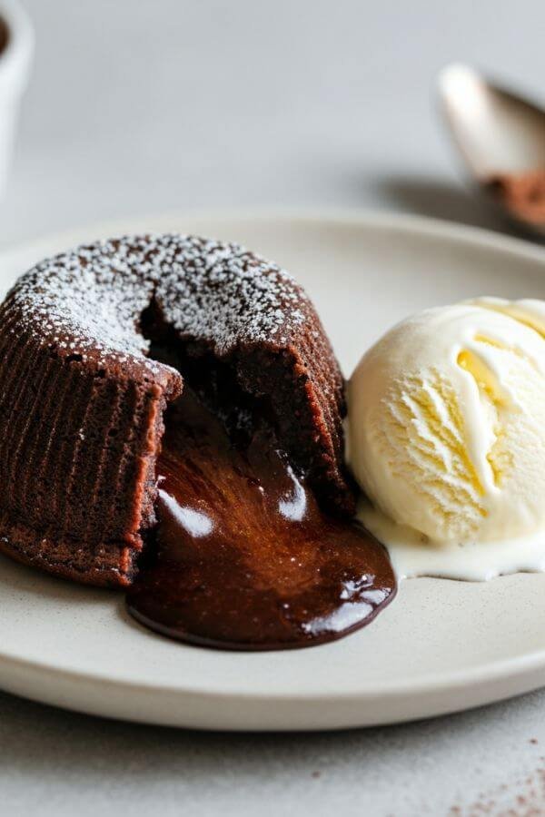 A warm chocolate lava cake oozing molten chocolate from the center, dusted with powdered sugar, and served with a scoop of vanilla ice cream on the side. The setting is cozy, with warm lighting and a simple plate for an inviting homemade feel. the background is light