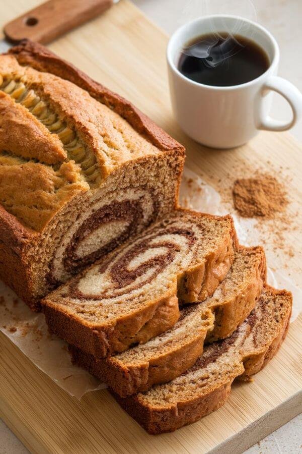 A close look of A warm, golden loaf of banana bread with a visible cinnamon swirl inside. Slices are stacked neatly on a wooden cutting board, with a steaming cup of coffee and a sprinkle of cinnamon nearby.