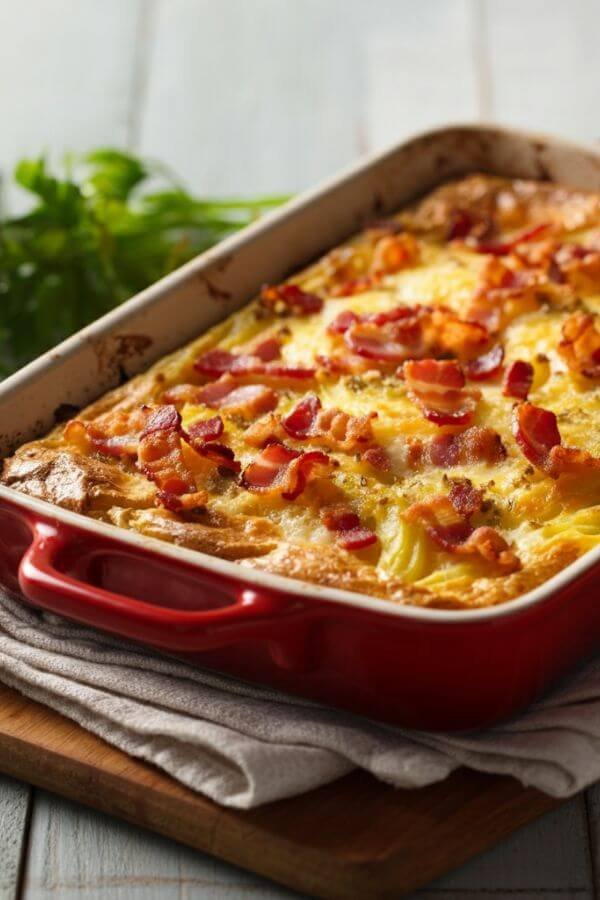 A golden, bubbly bacon and cheese casserole fresh out of the oven, topped with crispy bacon bits and a light sprinkle of breadcrumbs, served on a rustic wooden table with a side of parsley garnish.