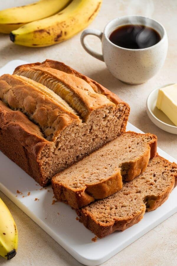 A fresh loaf of banana bread on a white cutting board, surrounded by ripe bananas and a small dish of butter. The bread is sliced to reveal its fluffy, golden interior, with a steaming cup of coffee in the background.