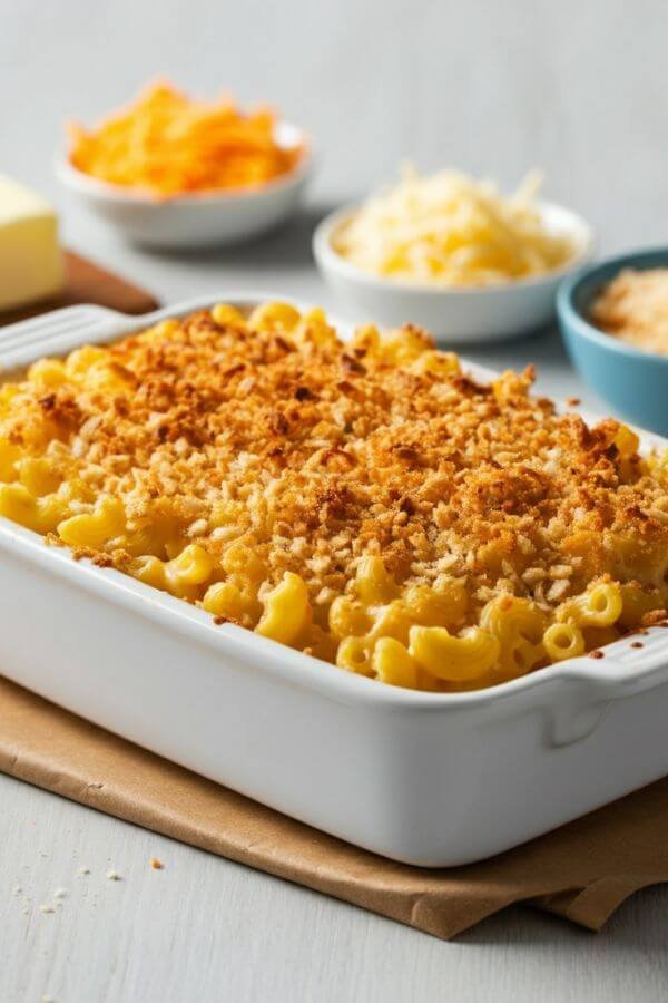 A warm, comforting dish of classic mac and cheese fresh out of the oven. The gooey, creamy cheese sauce perfectly coats elbow macaroni, with a golden, crispy breadcrumb topping. The dish is placed in a white, oven-safe casserole on a light wooden table, surrounded by ingredients like shredded cheddar cheese, a stick of butter, a small bowl of breadcrumbs, and a sprinkling of paprika. Steam rises gently from the mac and cheese, hinting at its warmth and creaminess, creating a cozy and inviting atmosphere