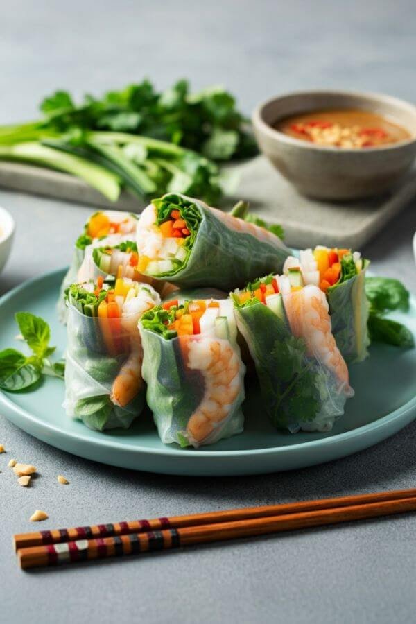 A plate of neatly arranged Vietnamese spring rolls with translucent rice paper showing vibrant shrimp, herbs, and vegetables inside. Garnish with fresh herbs on the side and small bowls of peanut sauce and nuoc cham for dipping. Bright, fresh, and appetizing tones.