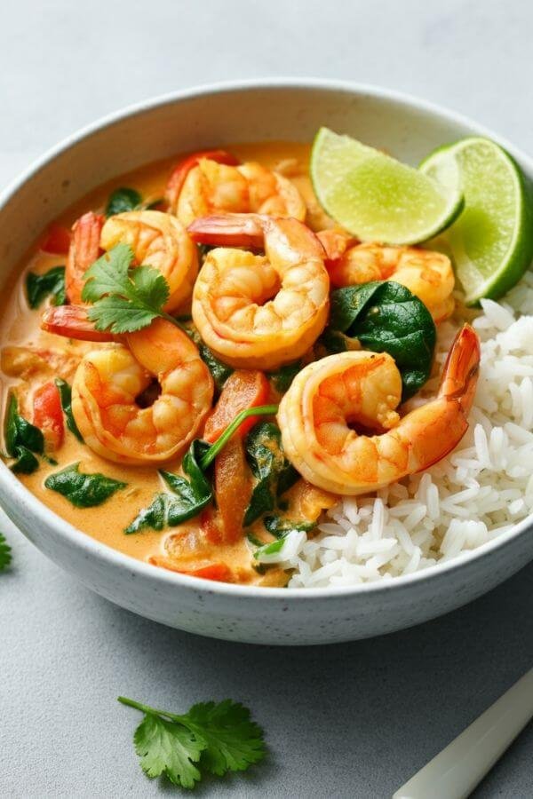 A bowl of vibrant Coconut Curry Shrimp with a creamy red-orange curry sauce, plump shrimp, and colorful veggies like red bell peppers and green spinach. Serve alongside fluffy white rice, garnished with fresh cilantro and lime wedges for a cozy, inviting presentation.