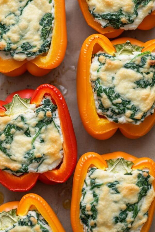 A vibrant, overhead shot of freshly baked stuffed bell peppers placed on a light baking tray lined with parchment paper. The peppers are halved and filled with a creamy cottage cheese and spinach mixture, slightly golden on top with a light drizzle of olive oil. Soft, natural lighting highlights the textures and colors of the dish.