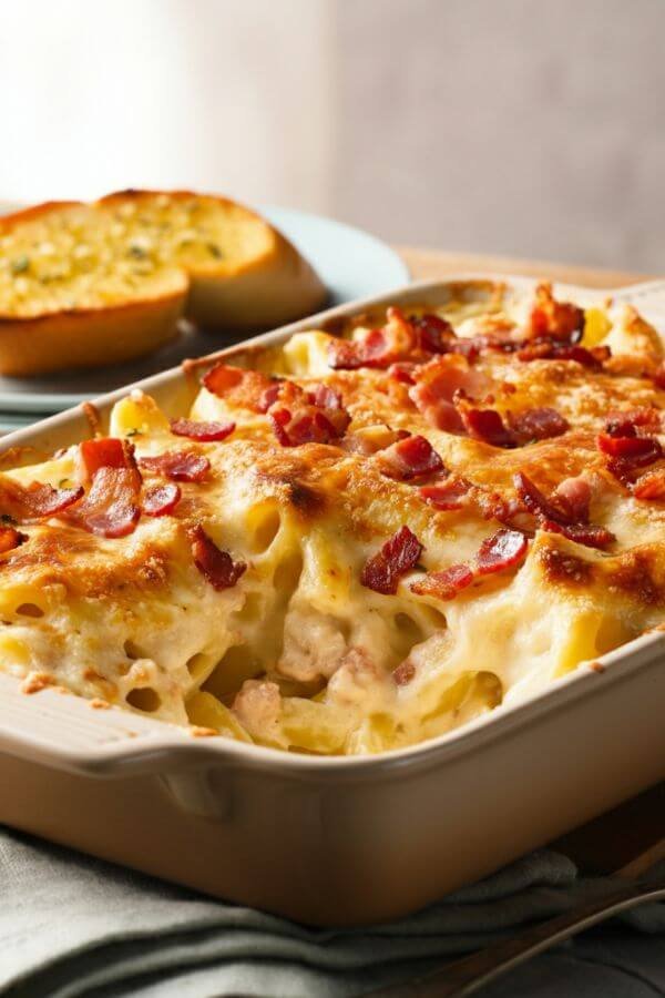 A bubbling casserole dish fresh out of the oven, with creamy pasta, golden edges, and scattered crumbled bacon on top. Served alongside a plate with a slice of garlic bread, garnished with fresh thyme.