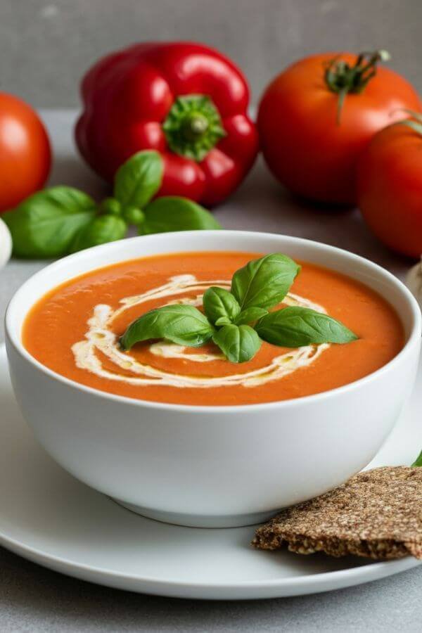 A vibrant bowl of raw creamy tomato soup served in a white bowl, garnished with fresh basil leaves on top. The soup has a rich, smooth texture with a hint of avocado creaminess. On the side, a raw vegan cracker is placed on a white dish next to the bowl, with ripe tomatoes, a red bell pepper, garlic, and basil leaves scattered around for a fresh, wholesome feel. The scene is brightly lit, emphasizing the vibrant reds and greens of the ingredients.