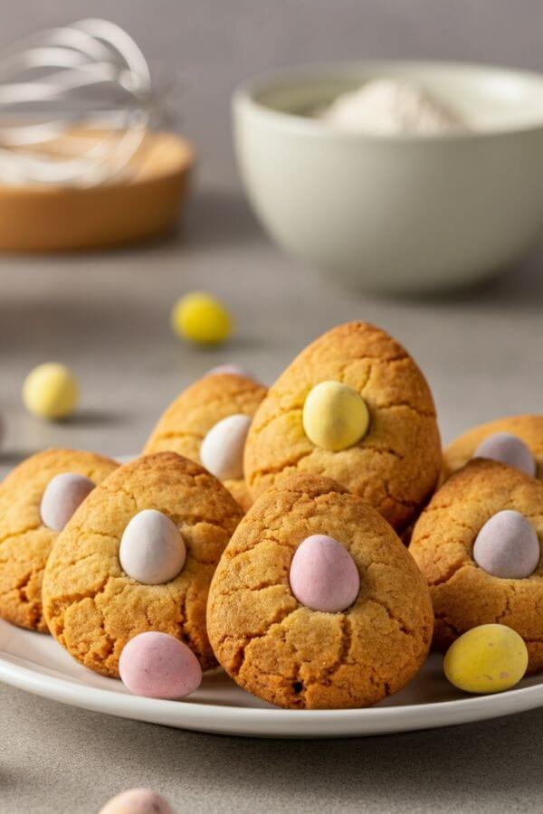 A close look of a plate of freshly baked Easter egg cookies on a white dish. The cookies are golden brown with colorful mini chocolate eggs pressed into the center, surrounded by a few scattered chocolate eggs. In the background, soft-focus elements like a whisk, a bowl of flour, and a jar of sugar hint at the baking process. The atmosphere is warm and inviting, perfect for a festive Easter treat.