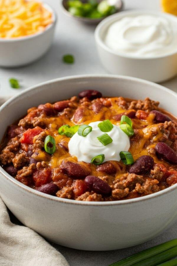 A cozy, rustic kitchen setting with a steaming bowl of chili as the centerpiece. The chili is rich and hearty, showing chunks of ground beef, kidney beans, and diced tomatoes, topped with melted shredded cheese, a dollop of sour cream, and freshly chopped green onions. Surround the bowl with a side of golden cornbread and small bowls of additional toppings like cheese and sour cream. The scene should have warm lighting to evoke comfort and homeliness, perfect for a chilly evening.