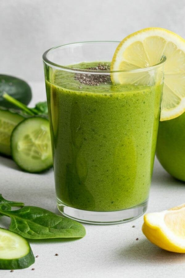 A bright and refreshing green smoothie served in a clear glass, garnished with a lemon slice and a sprinkle of chia seeds. Surround the glass with fresh ingredients: spinach leaves, cucumber slices, half an avocado, a green apple, a small bowl of chia seeds, and a halved lemon. The setting is clean and minimalist, with soft natural lighting for a fresh, healthy vibe.