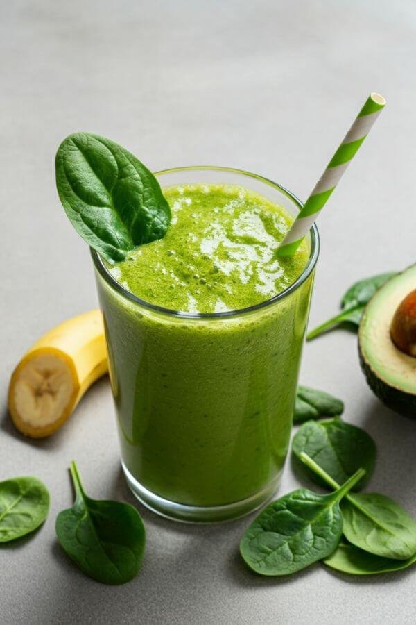 A vibrant green smoothie served in a clear glass with a straw, garnished with a sprig of fresh spinach and a slice of avocado. The smoothie is placed on a clean, light-colored background with scattered fresh ingredients (banana, spinach leaves, avocado) around it for an appealing and fresh look.