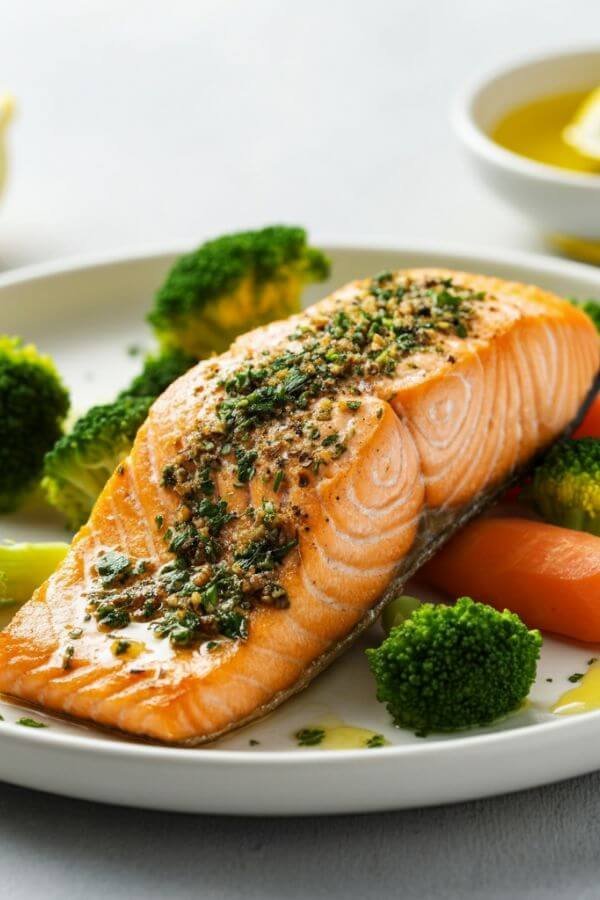 A beautifully plated dish of grilled salmon fillet with a golden crust, topped with a sprinkle of dried parsley and a drizzle of lemon juice. Surrounding the salmon are vibrant steamed veggies—bright green broccoli florets and tender orange carrot slices. The background features a clean, light surface with a lemon wedge and a small bowl of olive oil for garnish. The overall presentation is fresh, healthy, and appetizing.