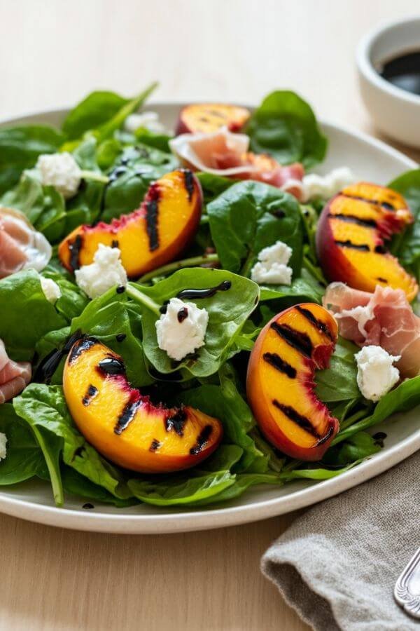 A vibrant spring salad arranged on a light wooden table. The salad features a mix of fresh, colorful greens topped with juicy, grilled peach halves displaying light char marks. Strips of delicate prosciutto are scattered throughout, along with creamy goat cheese crumbles. A glossy drizzle of rich balsamic glaze adds shine and contrast. The scene is garnished with a small bowl of extra balsamic glaze, a fork, and a linen napkin for a cozy yet elegant presentation. Soft natural lighting enhances the freshness and textures of the dish.