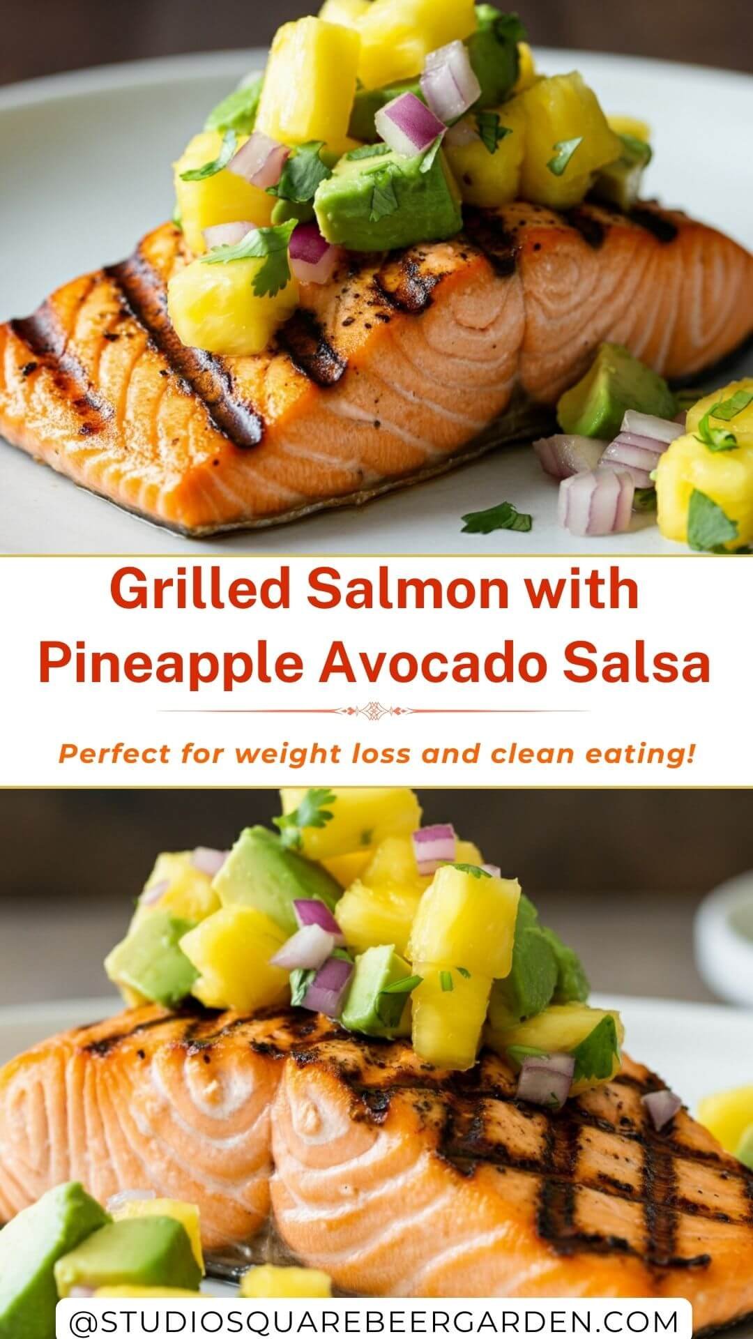 This grilled salmon recipe is bursting with tropical flavors! 🌿 Perfectly grilled salmon fillets topped with a refreshing pineapple avocado salsa make the ultimate healthy dinner. High in protein, omega-3s, and fresh ingredients, it’s perfect for weight loss and clean eating!