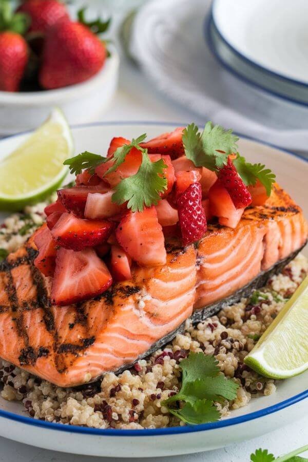 A beautifully plated dish of grilled salmon, topped with vibrant strawberry salsa, with a sprinkle of cilantro and wedges of lime on the side. The ligt background features fresh spring strawberries and a white table setting.