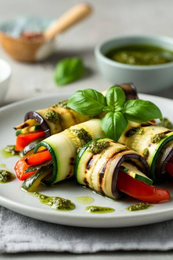 A plate of grilled veggie rolls arranged neatly, showcasing vibrant zucchini, eggplant, and bell pepper, with a drizzle of pesto on top and a sprinkle of fresh basil leaves.