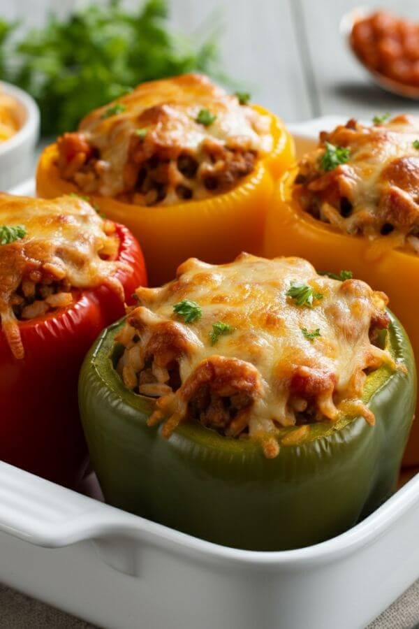 A vibrant image of four large bell peppers (red, yellow, green, and orange) neatly stuffed with ground beef, rice, and tomato sauce, topped with melted, golden-brown cheese. The peppers are arranged in a white baking dish, garnished with a sprinkle of fresh herbs (like parsley) for a pop of green. The background features rustic wooden textures, a small bowl of shredded cheese, and a spoon with tomato sauce to emphasize the cooking process. Warm, natural lighting highlights the gooey cheese and the colorful presentation.