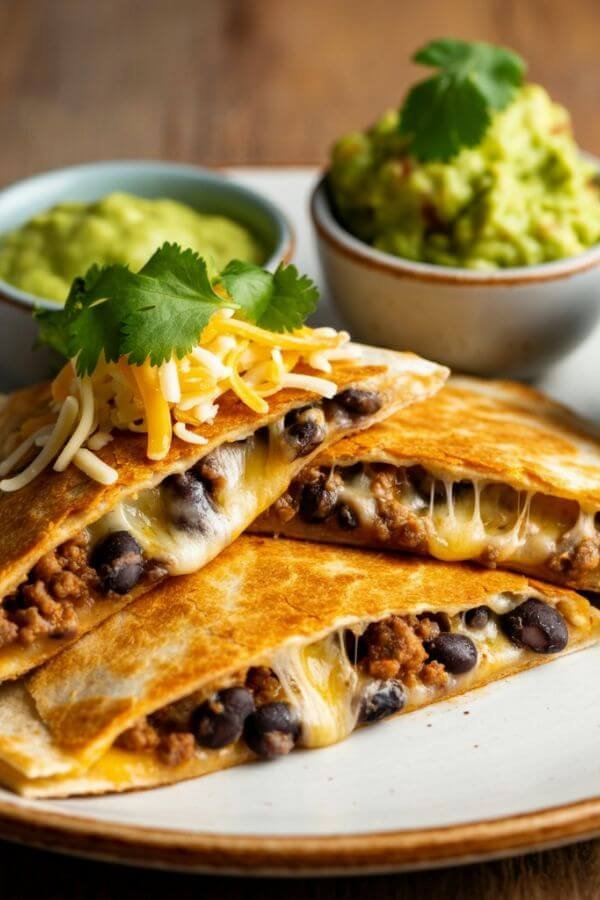 A close-up shot of two golden, crispy quesadillas sliced into wedges, revealing gooey melted cheese, seasoned ground beef, and black beans inside. The quesadillas are served on a white plate with small bowls of vibrant guacamole and chunky salsa on the side. Garnish with fresh cilantro and a sprinkle of shredded cheese for extra appeal. The setting is warm and inviting, with natural lighting highlighting the textures and colors of the dish.