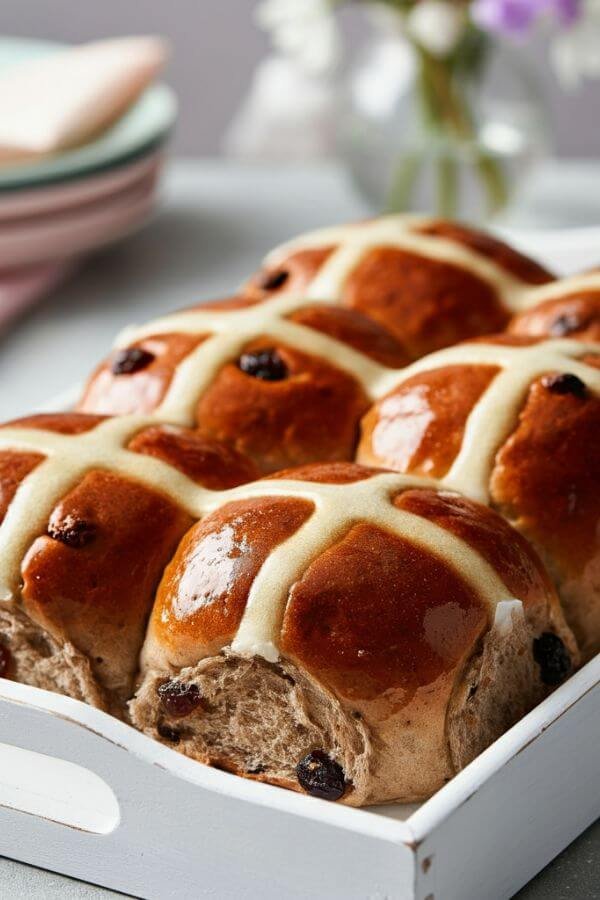 A warm and inviting close-up shot of freshly baked hot cross buns arranged on a white tray. The buns are golden brown, soft, and perfectly round, with glossy tops and delicate white frosting crosses piped on each. Small currants or raisins peek through the dough, adding texture and color. The background features subtle Easter-themed decor, such as pastel-colored napkins, a small vase of spring flowers, and a soft, natural light highlighting the buns' warm tones.