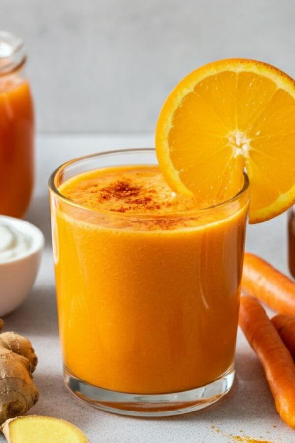A vibrant and healthy immune-boosting smoothie in a clear glass, garnished with a slice of orange and a sprinkle of turmeric powder on top. Surround the glass with fresh ingredients featured in the recipe: a whole orange (peeled and unpeeled), grated ginger, a small bowl of Greek yogurt, a jar of honey with a wooden dipper, a glass of carrot juice, and a pinch of turmeric powder. Set on a bright, clean background with natural lighting to emphasize freshness and healthiness.