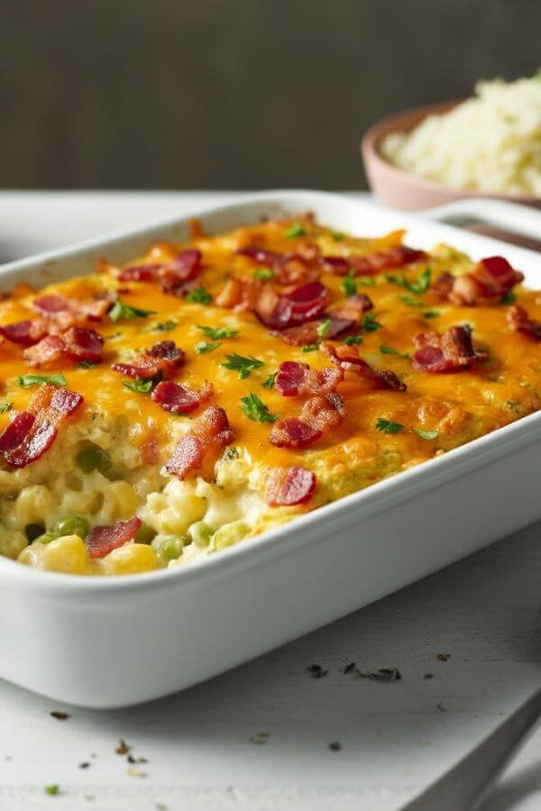 A bubbling golden-brown casserole fresh out of the oven, with crispy bacon bits scattered on top, melted cheddar cheese oozing down the sides, and a sprinkle of fresh herbs for garnish. The dish sits on a white table with a serving spoon and a small bowl of riced cauliflower nearby.