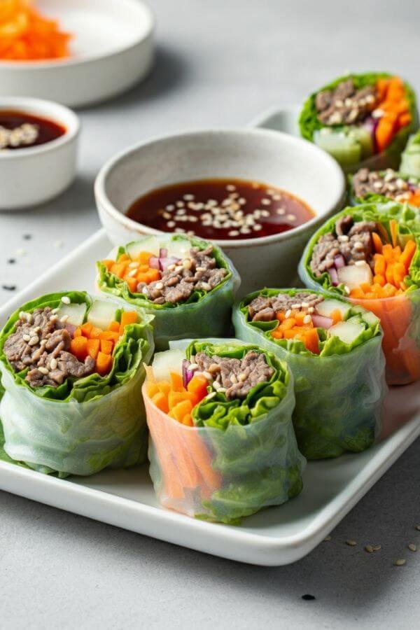 A vibrant platter of spring rolls neatly arranged on a white dish, with bulgogi beef, shredded carrots, and lettuce visible through the translucent rice paper. A small bowl of dipping sauce and sesame seeds sprinkled on top complete the presentation.