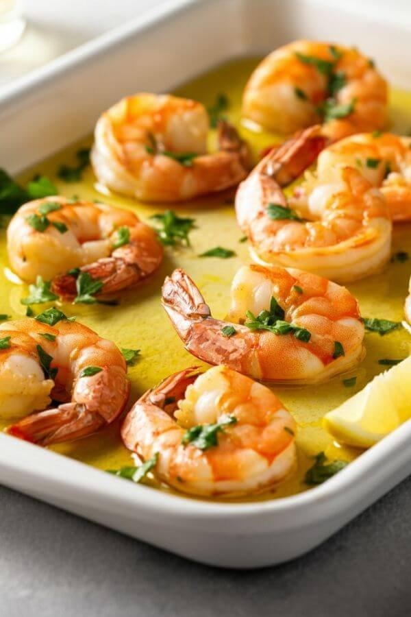 A white baking sheet with golden, juicy shrimp, sprinkled with fresh parsley and accompanied by lemon wedges. The shrimp are glistening with olive oil and herbs, ready to be served. Bright, natural lighting highlights the vibrant colors.