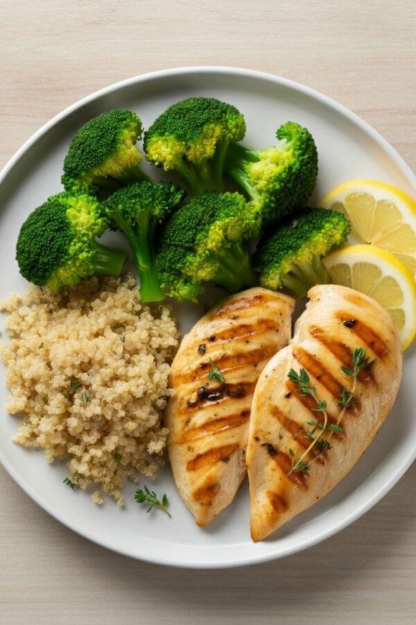 Top-down view of a beautifully plated dish featuring two lemon herb grilled chicken breasts, golden with grill marks, placed alongside fluffy quinoa and vibrant green steamed broccoli. The plate should be clean and minimal, with soft natural lighting to highlight the textures and colors of the food. A few sprigs of fresh thyme and a lemon wedge can be added for garnish. Background should be simple, such as a ligt wooden table, to keep the focus on the food.