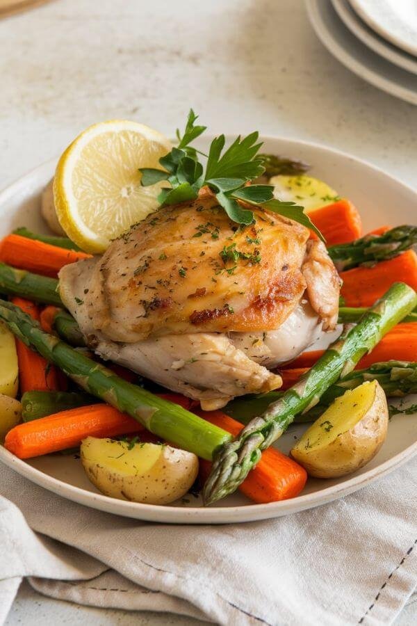 A golden roasted chicken thigh sits atop a bed of vibrant veggies—crisp asparagus, roasted carrots, and golden baby potatoes. Garnished with fresh parsley and a slice of lemon, all displayed on a white table with a soft linen napkin.