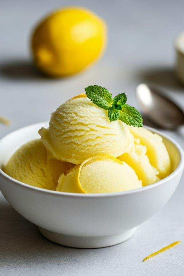 A clean, minimalist bowl of pale yellow lemon sorbet placed on a white surface, garnished with a twist of lemon peel and a sprig of mint. A whole lemon and a small dish of sugar sit blurred in the background, hinting at the recipe's ingredients.