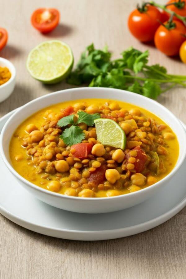 A vibrant bowl of lentil and chickpea curry served in a white dish. The curry is rich and creamy, with visible chunks of chickpeas, lentils, and diced tomatoes swimming in a golden coconut milk sauce. Garnish the dish with freshly chopped cilantro and a wedge of lime on the side. Place the bowl on a light wooden table with a spoon.