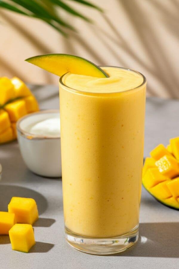 A bright and refreshing summer smoothie setup. A tall glass filled with a creamy, golden mango smoothie, garnished with a fresh mango slice on the rim. Surround the glass with scattered mango chunks, a small bowl of yogurt, a drizzle of honey, and a splash of milk or dairy-free alternative in the background. The scene should feel light, tropical, and inviting, with natural sunlight highlighting the vibrant colors.