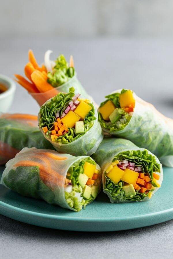 A vibrant plate of spring rolls neatly arranged, showcasing the colorful filling of mango, avocado, carrots, and greens. Place small dipping sauce bowls alongside them for a complete, appetizing look.