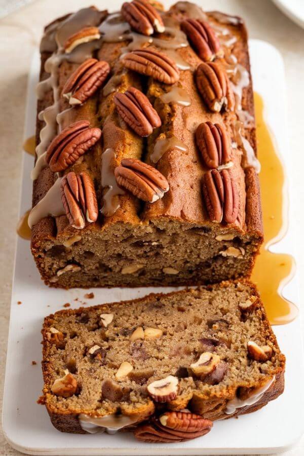 A golden loaf of banana bread on a white board, drizzled with maple syrup and garnished with whole pecans. Show a slice cut out to highlight the moist interior, with pecan pieces visible throughout the bread.