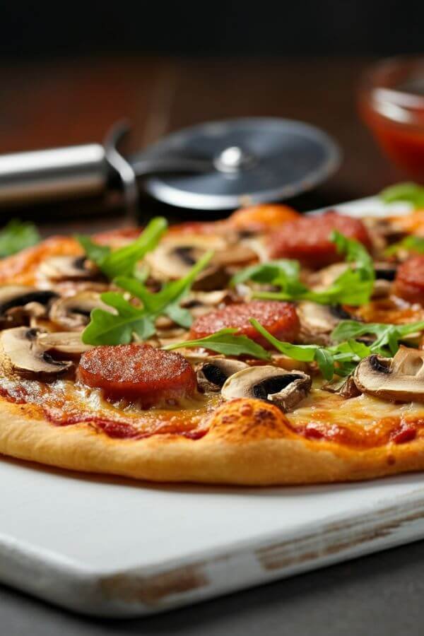 A freshly baked pizza on a white cutting board, topped with golden-brown melted cheese, crispy maple sausage pieces, and vibrant mushroom and arugula. The background features rustic kitchen elements like a pizza cutter and a small bowl of marinara sauce.