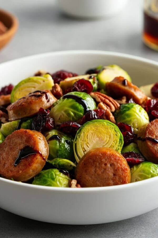 A vibrant, warm salad served in a white bowl. Bright green Brussels sprouts are complemented by golden-brown sausage rounds, deep red cranberries, and toasted pecans. A glossy drizzle of balsamic glaze ties the dish together, with warm lighting and a cozy kitchen background.