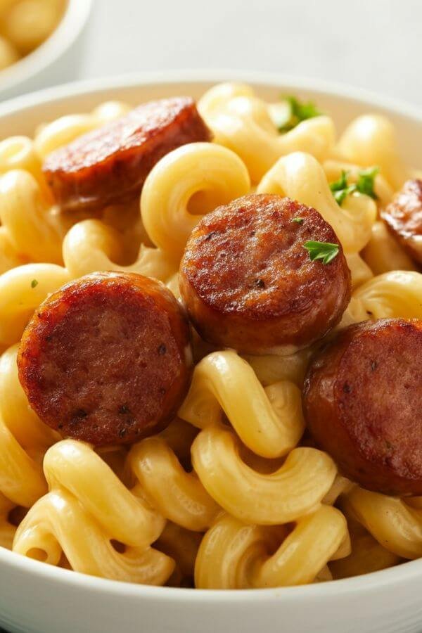 A creamy bowl of mac & cheese with golden spirals of pasta, chunks of browned maple sausage, and gooey melted cheese. Garnish with a sprinkle of parsley for added color.