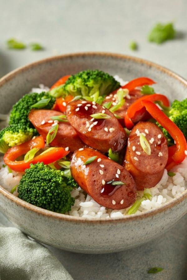 A colorful rice bowl with a base of fluffy rice topped with golden-brown maple sausage slices, vibrant green broccoli florets, and bright red bell pepper strips. A drizzle of glossy soy or teriyaki sauce adds a finishing touch, presented in a ceramic bowl with chopsticks on the side.