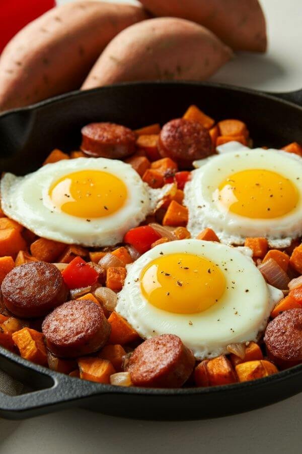 A vibrant one-pan dish featuring golden-brown chunks of maple sausage, caramelized sweet potatoes, and colorful diced bell pepper and onion, garnished with perfectly fried eggs on top. The skillet sits on a white table, surrounded by fresh ingredients like sweet potatoes and a bell pepper.