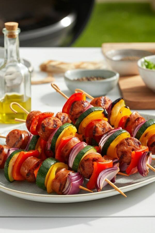 A vibrant platter of maple sausage and veggie skewers on a white table, surrounded by small bowls of olive oil, salt, and pepper. The skewers are colorful, featuring golden-brown sausage pieces, red and yellow peppers, bright green zucchini, and caramelized red onion, with a grill or barbecue in the background.