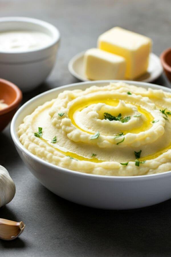 A cozy, rustic kitchen setting featuring a white bowl of creamy mashed potatoes garnished with a sprinkle of fresh parsley. The mashed potatoes are smooth and fluffy with a golden buttery sheen. Nearby, small bowls of heavy cream, a stick of butter, and grated Parmesan cheese are arranged neatly, along with a bulb of roasted garlic. Warm, natural lighting enhances the comforting and inviting vibe.