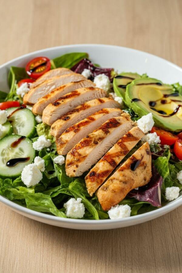 A vibrant Mediterranean grilled chicken salad arranged in a white bowl on a light wooden table. The salad features grilled chicken slices placed on a bed of mixed greens, with colorful cherry tomatoes, sliced cucumber, creamy avocado, and crumbled feta cheese. A small drizzle of olive oil and balsamic vinegar glistens on the ingredients, with a pinch of salt and pepper sprinkled on top. Bright natural lighting enhances the fresh and wholesome feel.