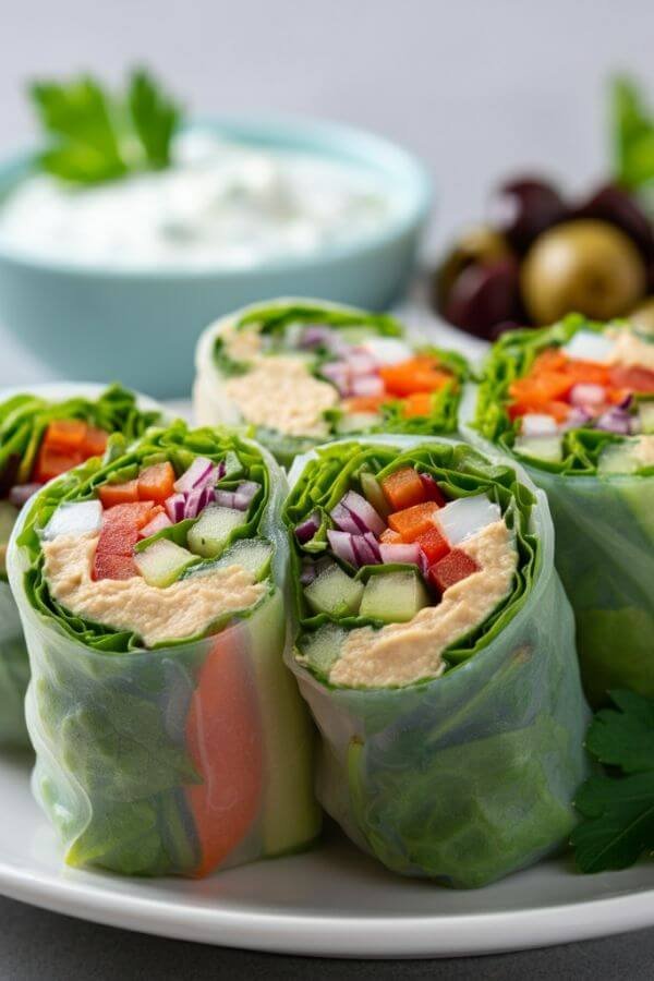 A close-up of vibrant spring rolls with translucent rice paper showing layers of colorful vegetables, greens, and hummus. Arrange them on a white dish with a small bowl of tzatziki in the background. Include fresh parsley and olives on the side for a Mediterranean touch.