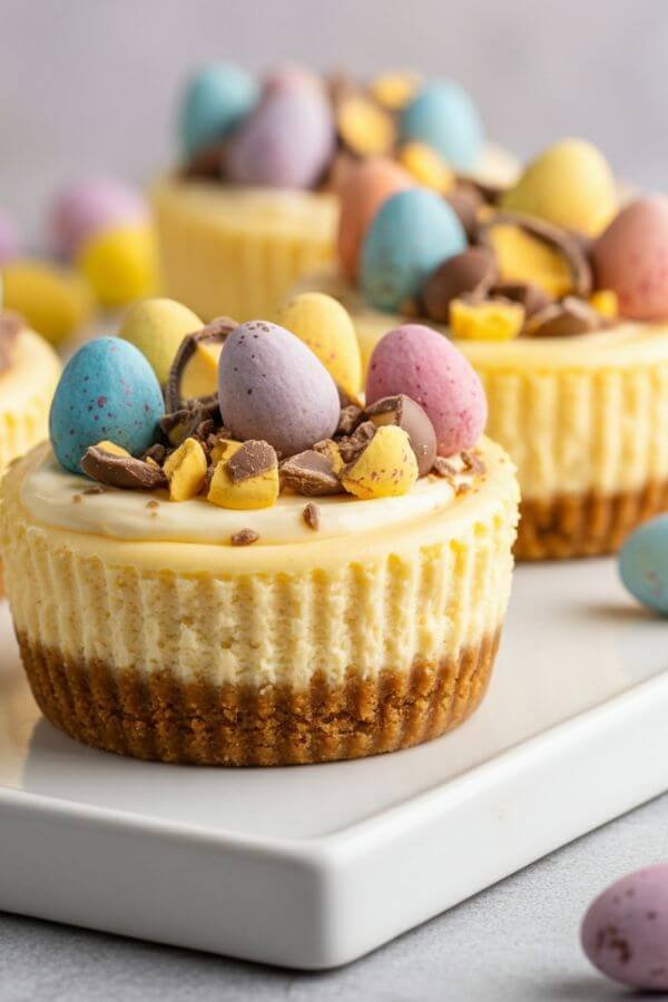 A close-up shot of Mini Egg Cheesecakes displayed on a white dish. Each cheesecake is topped with colorful crushed Mini Eggs for a festive look. The creamy filling is visible with a golden graham cracker crust at the base. Use soft, natural lighting, with a few scattered Mini Eggs around for decoration. Include pastel-colored props or a light Easter-themed background for an inviting, celebratory feel.