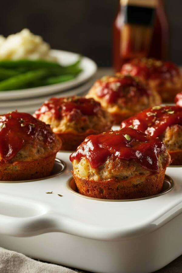 A white tray of golden-brown meatloaf muffins brushed with glossy BBQ sauce, served alongside creamy mashed potatoes and vibrant green beans on a white plate.